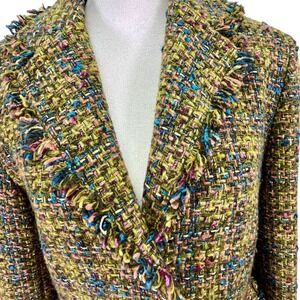 Jones NY Country‎ Tweed Jacket Multicolor Open Front Textured Fringe Edges Coat